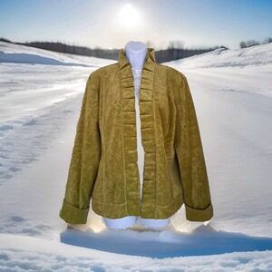 Chico's Blazer Size 2 Green Tapestry Print Ruffled Microfiber Open Front Lined